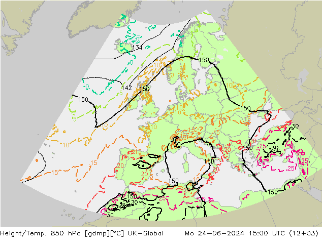 Height/Temp. 850 hPa UK-Global 星期一 24.06.2024 15 UTC