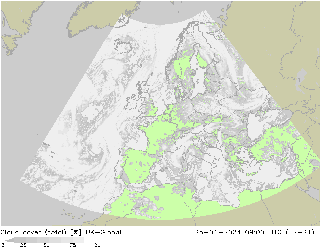 Cloud cover (total) UK-Global Tu 25.06.2024 09 UTC