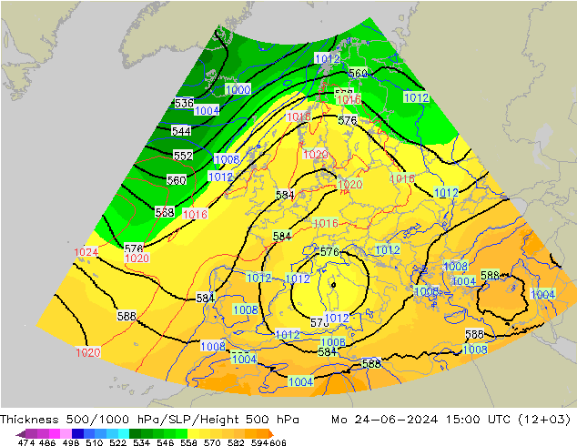 Thck 500-1000hPa UK-Global Mo 24.06.2024 15 UTC
