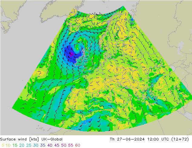 Wind 10 m UK-Global do 27.06.2024 12 UTC
