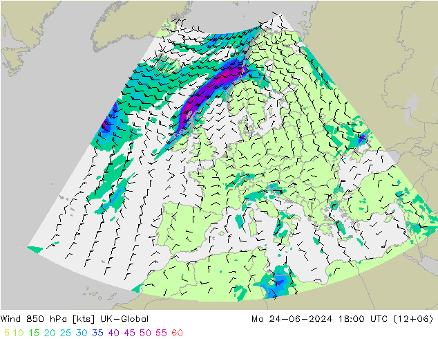 风 850 hPa UK-Global 星期一 24.06.2024 18 UTC