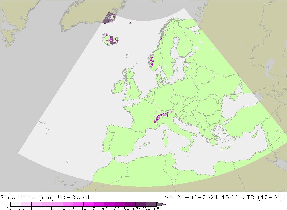 Snow accu. UK-Global 星期一 24.06.2024 13 UTC