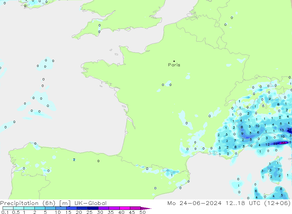 Precipitation (6h) UK-Global Mo 24.06.2024 18 UTC