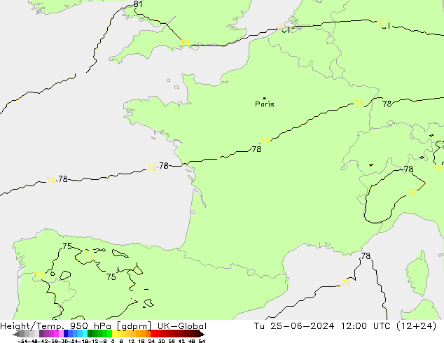 Height/Temp. 950 hPa UK-Global Tu 25.06.2024 12 UTC