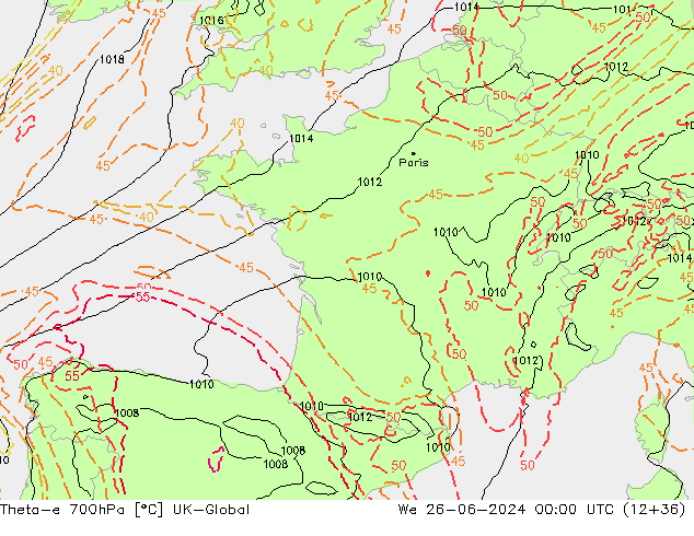 Theta-e 700hPa UK-Global mer 26.06.2024 00 UTC