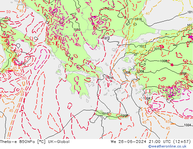 Theta-e 850hPa UK-Global We 26.06.2024 21 UTC