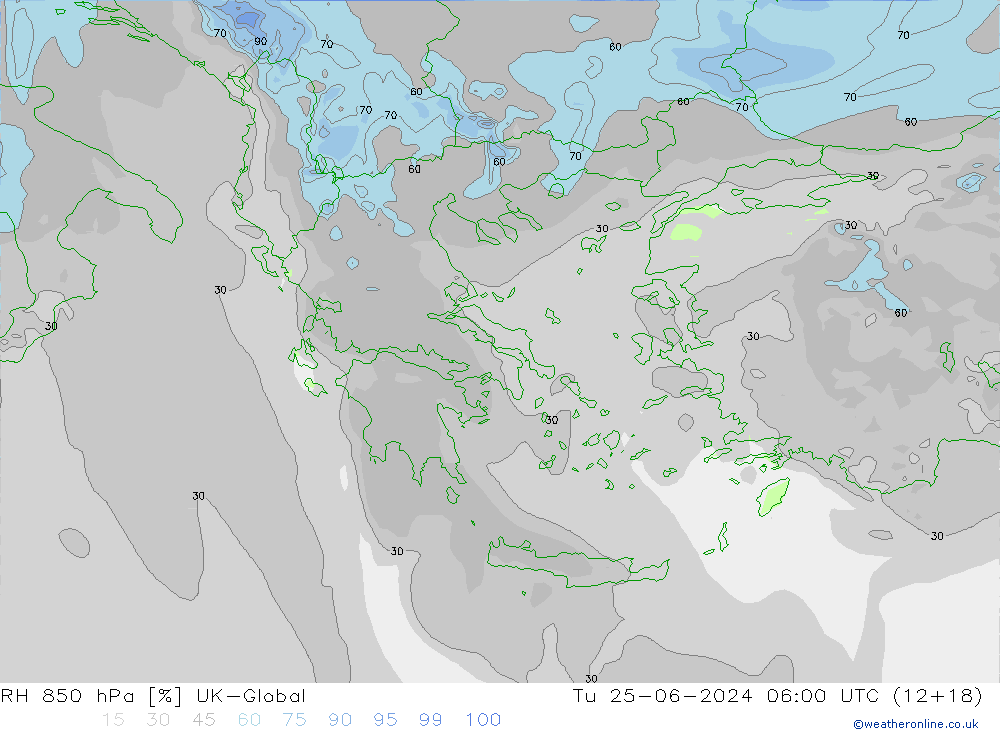 Humedad rel. 850hPa UK-Global mar 25.06.2024 06 UTC