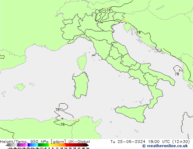 Height/Temp. 950 hPa UK-Global  25.06.2024 18 UTC