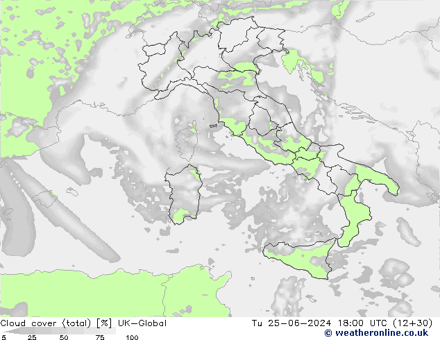 Cloud cover (total) UK-Global Tu 25.06.2024 18 UTC