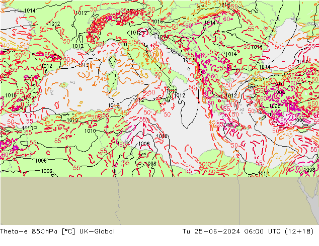 Theta-e 850hPa UK-Global Ter 25.06.2024 06 UTC