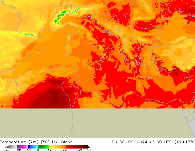 Temperature (2m) UK-Global Su 30.06.2024 06 UTC