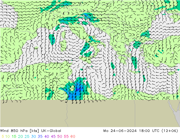 Wind 850 hPa UK-Global Mo 24.06.2024 18 UTC