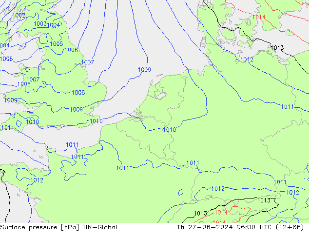 Pressione al suolo UK-Global gio 27.06.2024 06 UTC