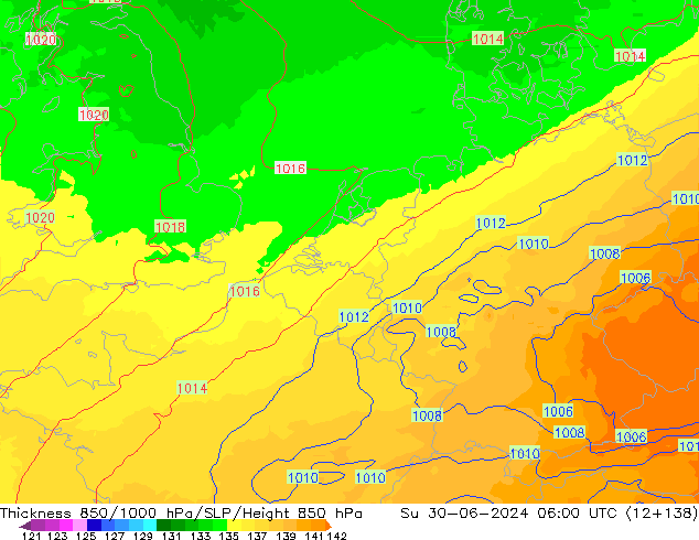 Espesor 850-1000 hPa UK-Global dom 30.06.2024 06 UTC