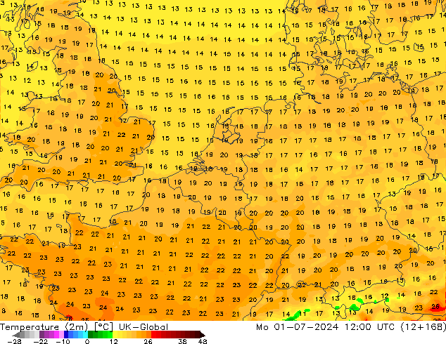 Temperature (2m) UK-Global Mo 01.07.2024 12 UTC