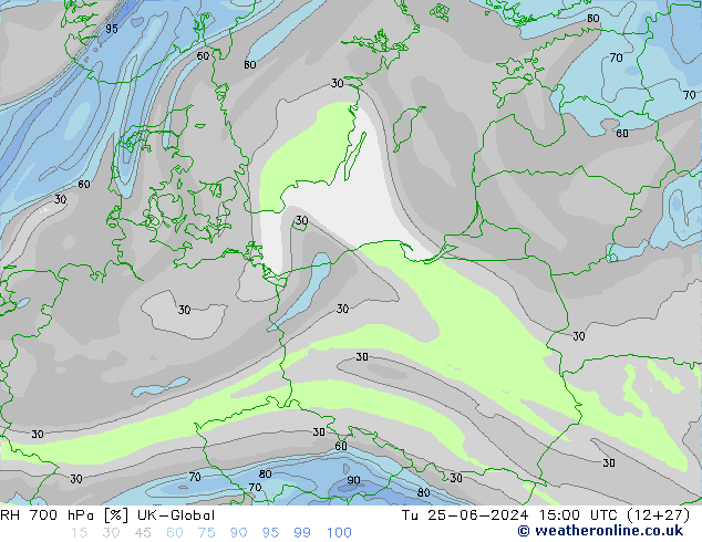 Humidité rel. 700 hPa UK-Global mar 25.06.2024 15 UTC