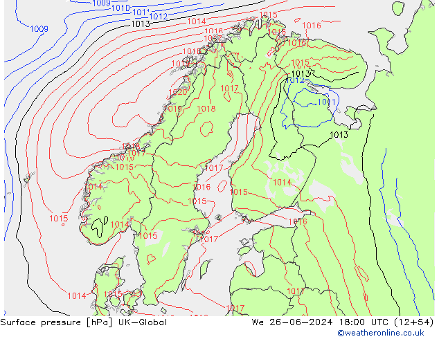 Pressione al suolo UK-Global mer 26.06.2024 18 UTC