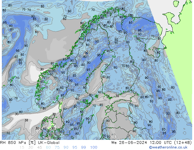 RH 850 гПа UK-Global ср 26.06.2024 12 UTC