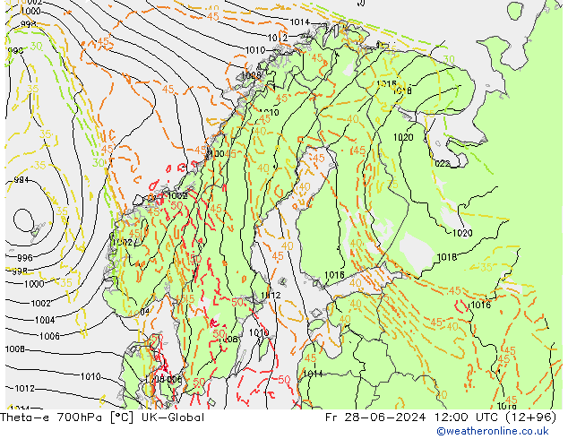 Theta-e 700hPa UK-Global Fr 28.06.2024 12 UTC