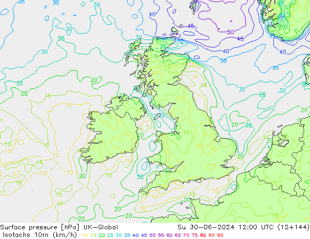 Eşrüzgar Hızları (km/sa) UK-Global Paz 30.06.2024 12 UTC