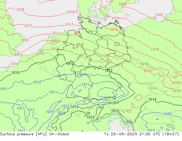 Atmosférický tlak UK-Global Út 25.06.2024 21 UTC