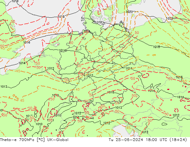 Theta-e 700hPa UK-Global Sa 25.06.2024 18 UTC