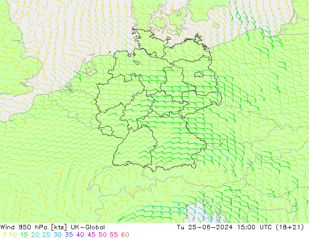 风 850 hPa UK-Global 星期二 25.06.2024 15 UTC