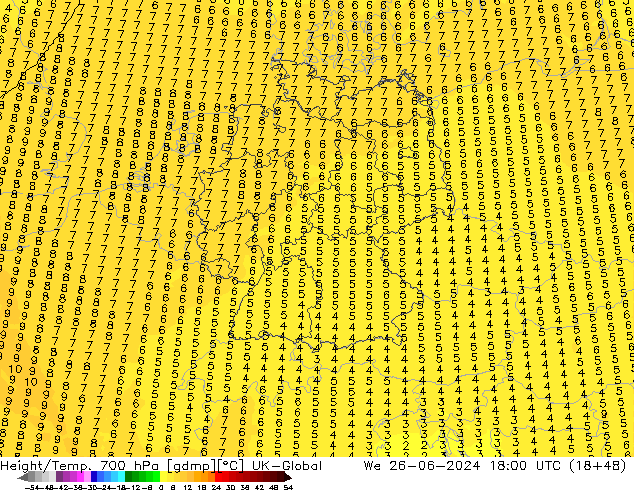 Height/Temp. 700 hPa UK-Global We 26.06.2024 18 UTC