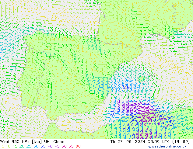 Viento 850 hPa UK-Global jue 27.06.2024 06 UTC