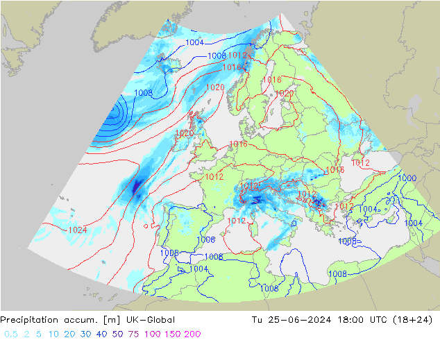 Precipitation accum. UK-Global 星期二 25.06.2024 18 UTC