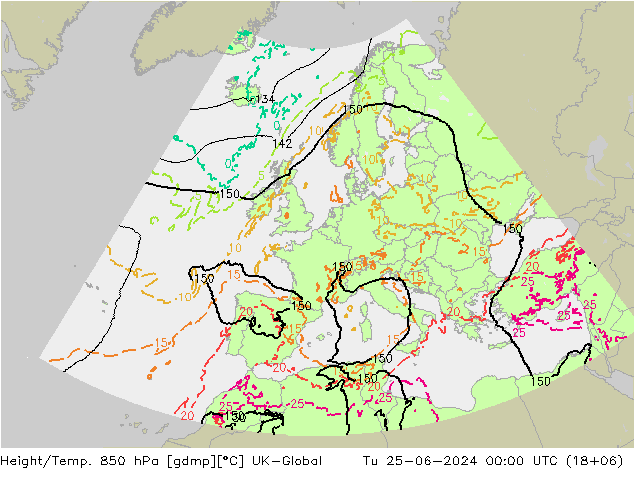 Height/Temp. 850 hPa UK-Global 星期二 25.06.2024 00 UTC