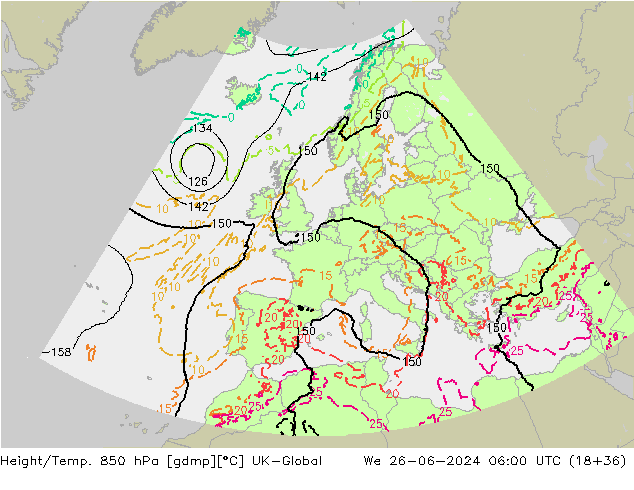 Height/Temp. 850 hPa UK-Global  26.06.2024 06 UTC