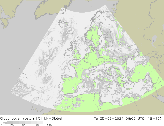 Cloud cover (total) UK-Global Tu 25.06.2024 06 UTC