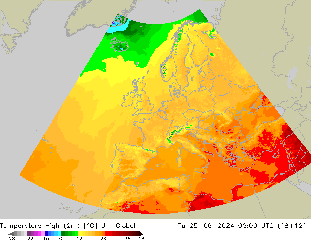 Max.temperatuur (2m) UK-Global di 25.06.2024 06 UTC