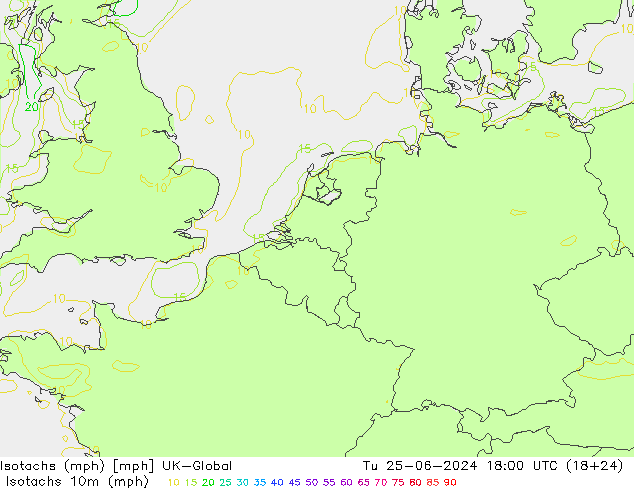 Isotachen (mph) UK-Global Di 25.06.2024 18 UTC