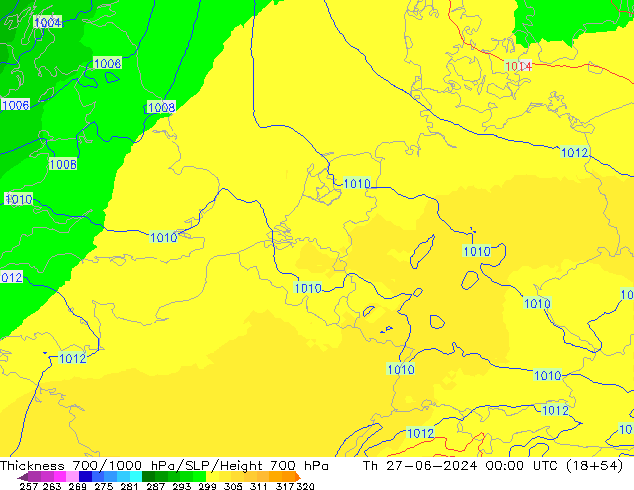 Thck 700-1000 hPa UK-Global Th 27.06.2024 00 UTC