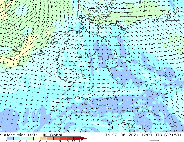 Surface wind (bft) UK-Global Th 27.06.2024 12 UTC