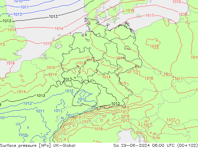 Pressione al suolo UK-Global sab 29.06.2024 06 UTC