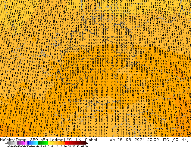 Geop./Temp. 850 hPa UK-Global mié 26.06.2024 20 UTC