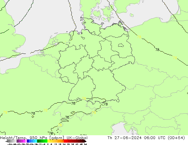 Height/Temp. 950 hPa UK-Global gio 27.06.2024 06 UTC
