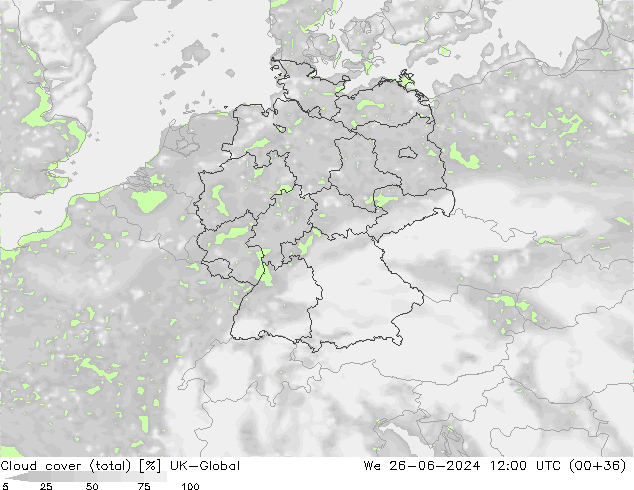 Cloud cover (total) UK-Global We 26.06.2024 12 UTC