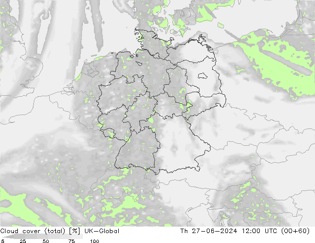 Cloud cover (total) UK-Global Th 27.06.2024 12 UTC