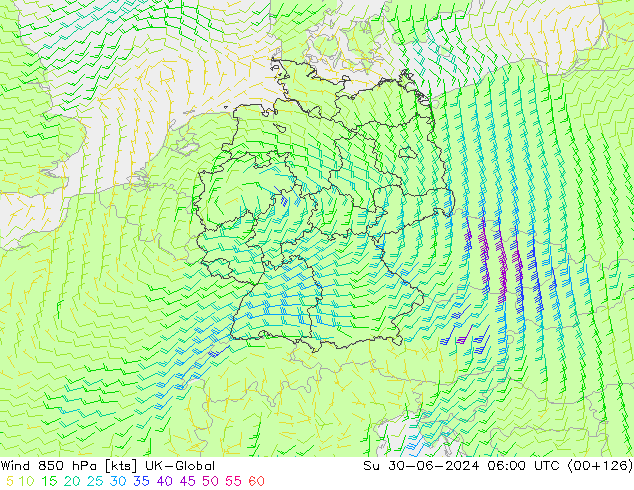 Wind 850 hPa UK-Global Su 30.06.2024 06 UTC