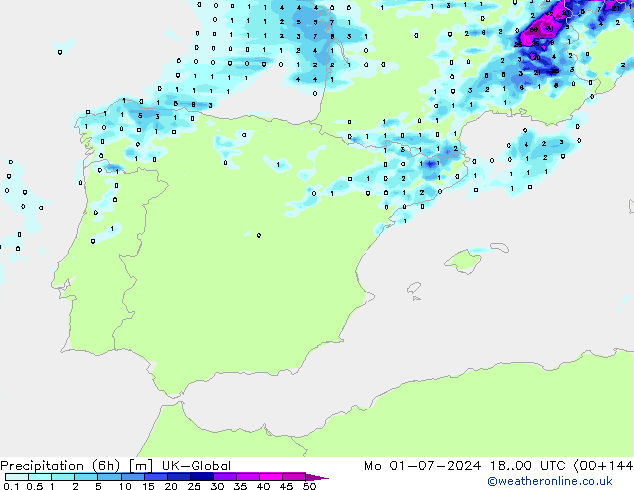 Precipitation (6h) UK-Global Mo 01.07.2024 00 UTC