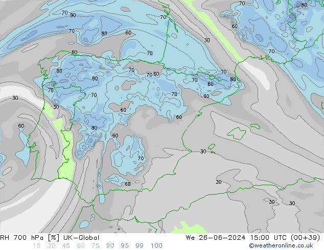 700 hPa Nispi Nem UK-Global Çar 26.06.2024 15 UTC