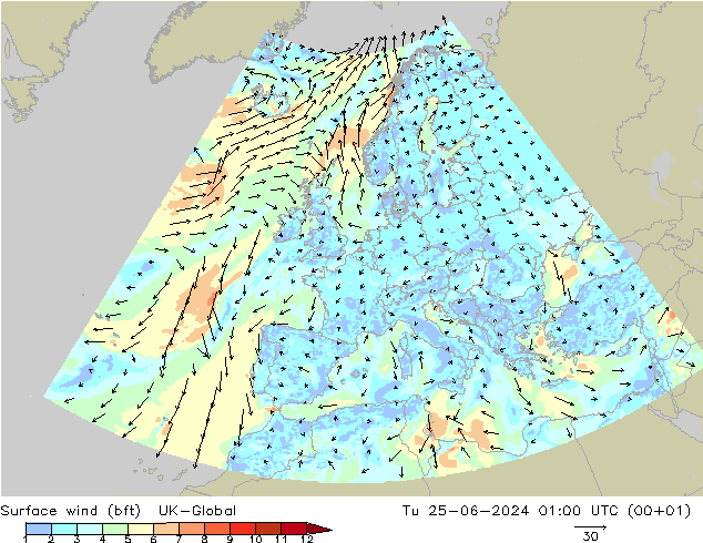 Surface wind (bft) UK-Global Út 25.06.2024 01 UTC