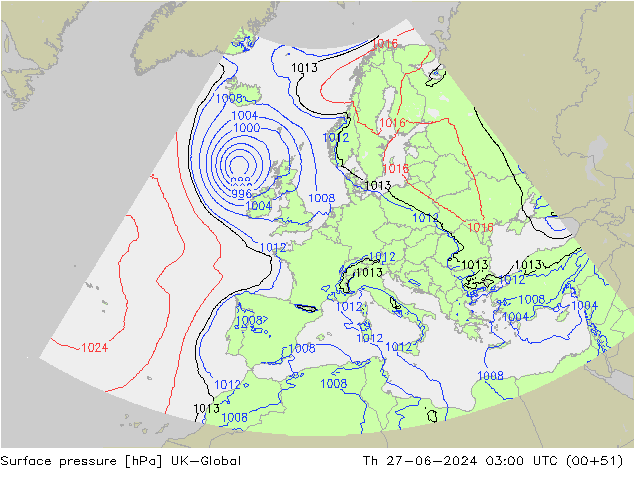 Surface pressure UK-Global Th 27.06.2024 03 UTC