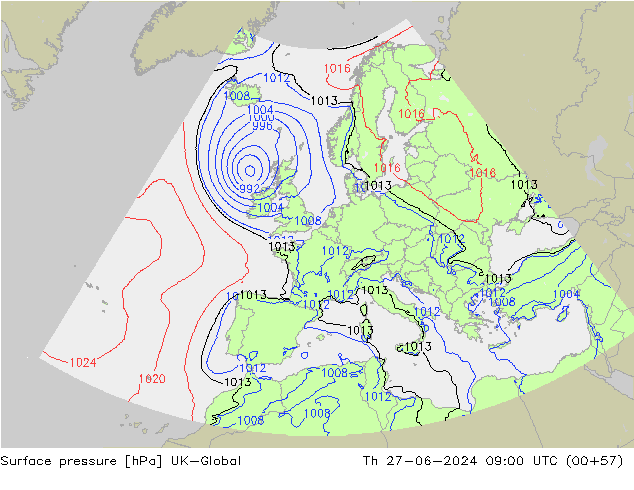 Surface pressure UK-Global Th 27.06.2024 09 UTC