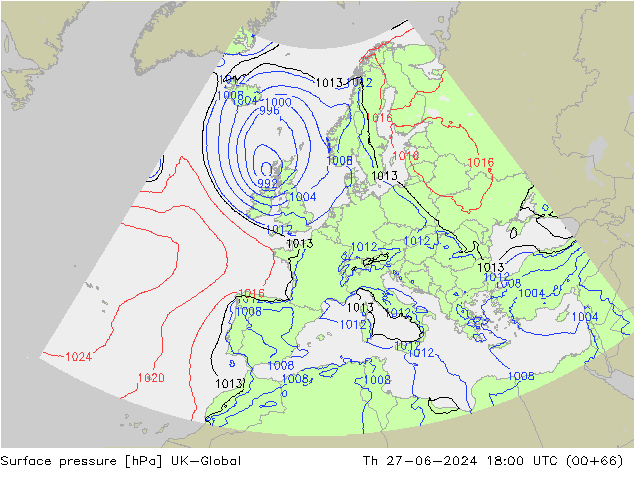 Presión superficial UK-Global jue 27.06.2024 18 UTC