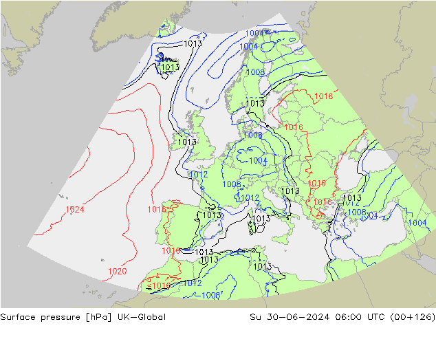 Pressione al suolo UK-Global dom 30.06.2024 06 UTC